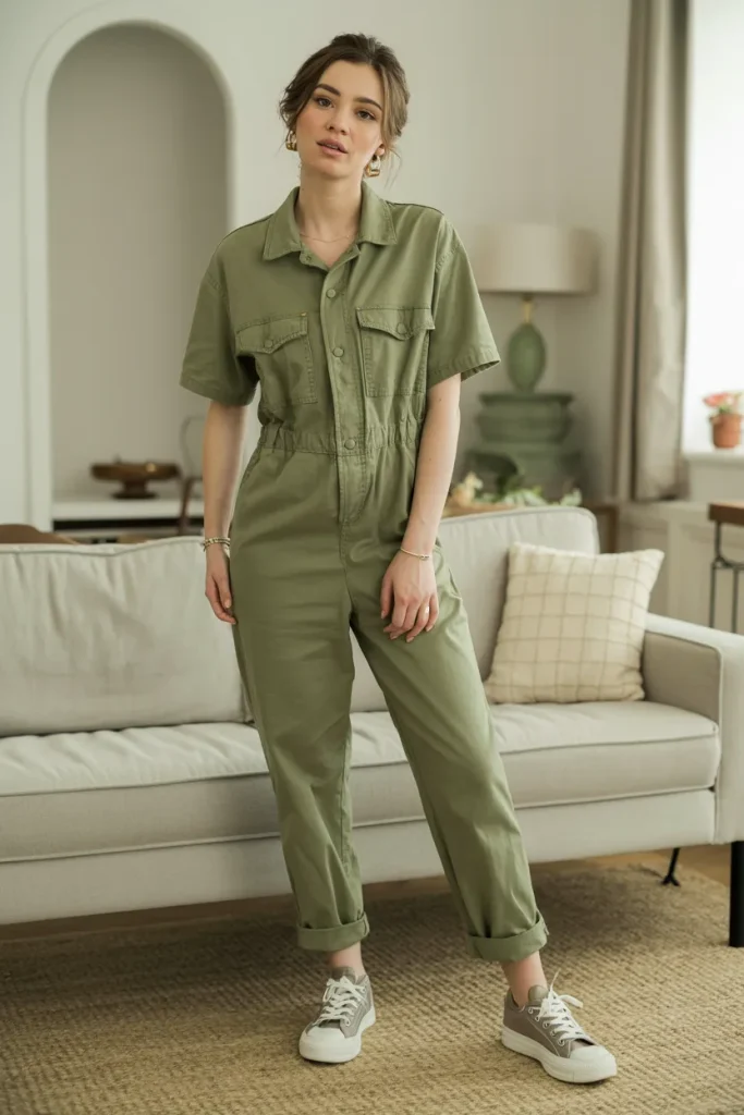Casual Utility Jumpsuit and Sneakers Spring Outfit