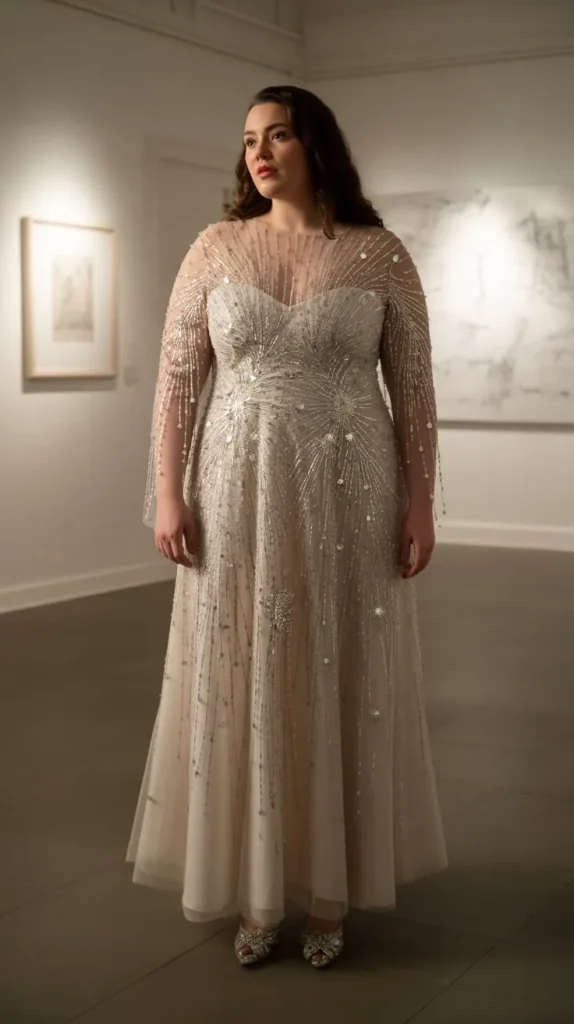 Celestial Inspired Silver Beaded Wedding Dress with Sleeves