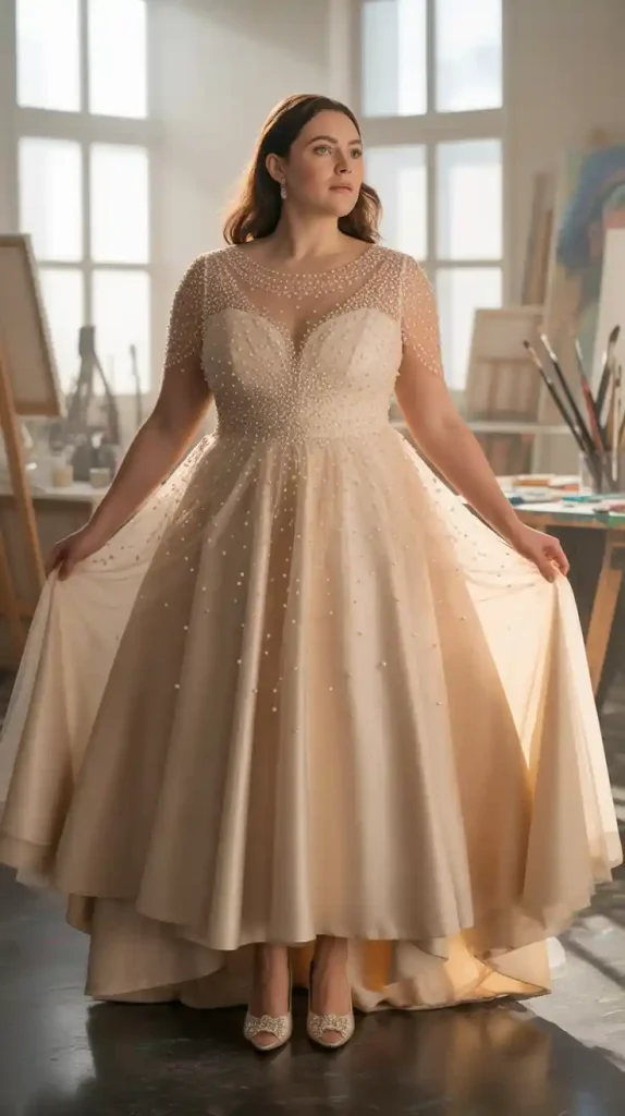 Champagne Illusion Neckline Pearl Embellished Wedding Dress
