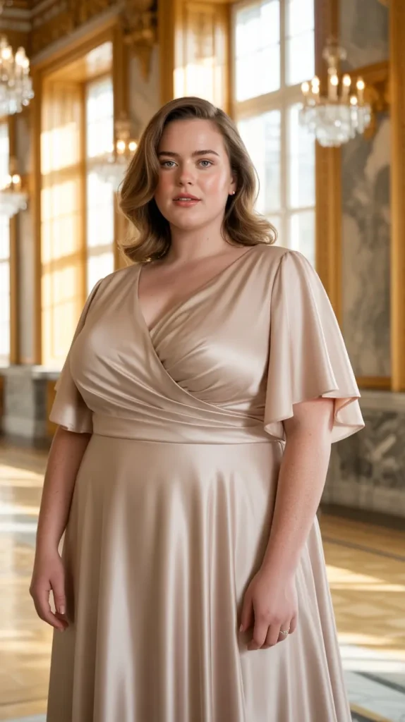 Champagne Satin Gown with Flutter Sleeves 1