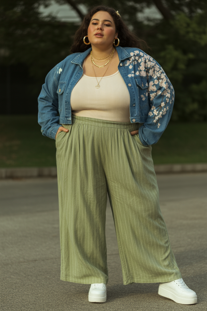Cherry Blossom Denim Jacket Over Cotton Tank In Pinstripe Green Wide leg Palazzo Pant