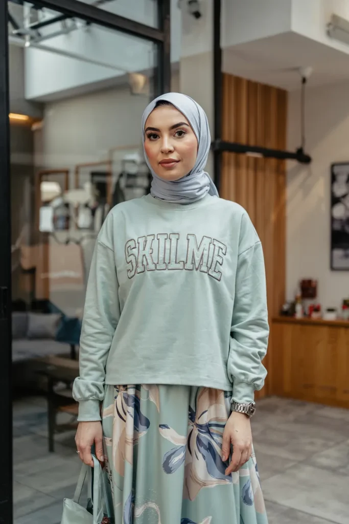Chic Mint Sweatshirt with Printed Skirt and Hijab Spring Hijab Outfit