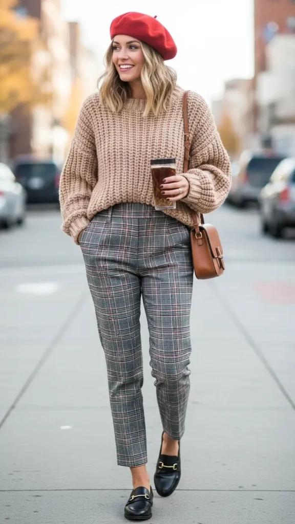 Chunky Knit Sweater with Plaid Trousers