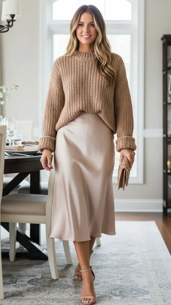 Chunky Sweater with Satin Midi Skirt
