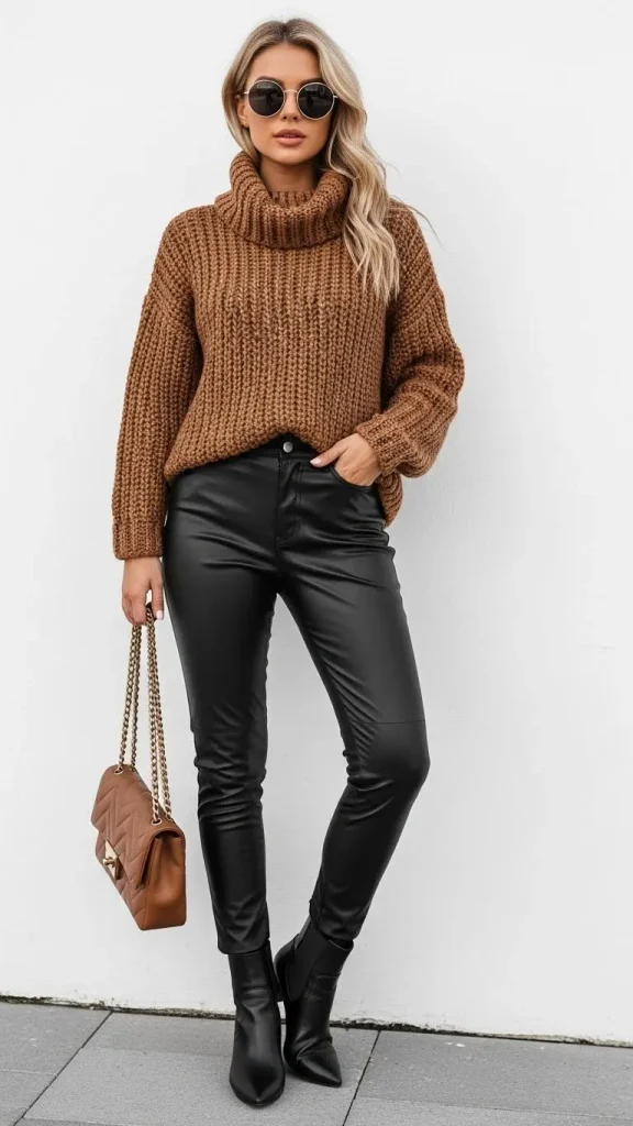 Chunky Turtleneck with Leather Pants