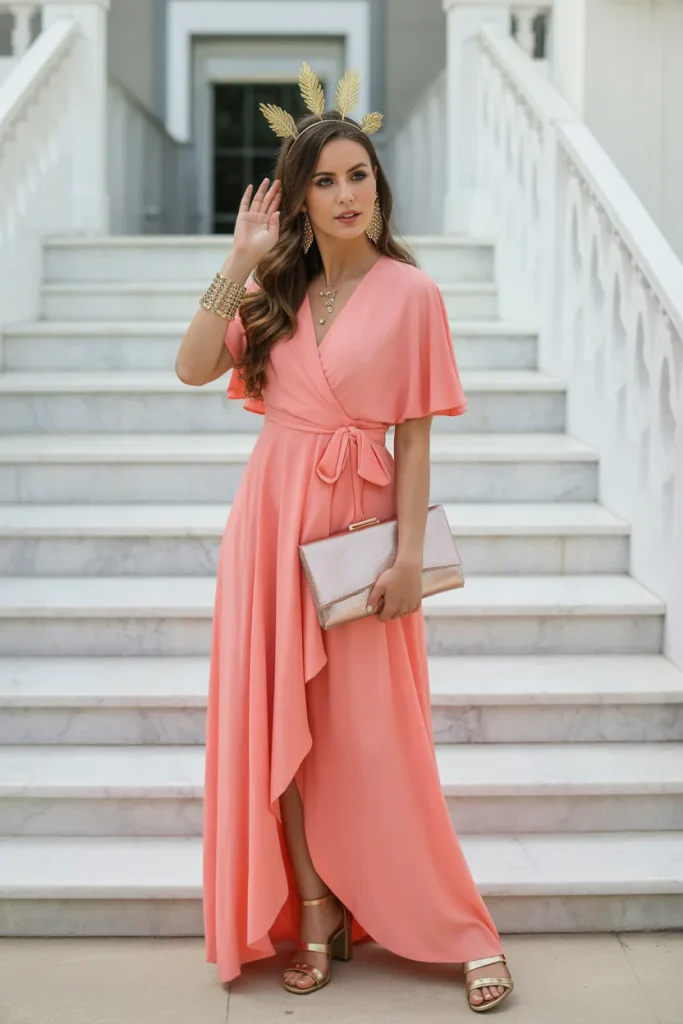 Coral Wrap Maxi Dress and Gold Accents Grecian Inspired Spring Birthday Dinner Outfit