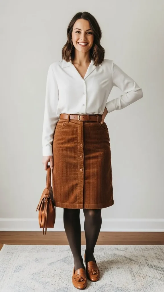 Corduroy Skirt with Button Down Shirt