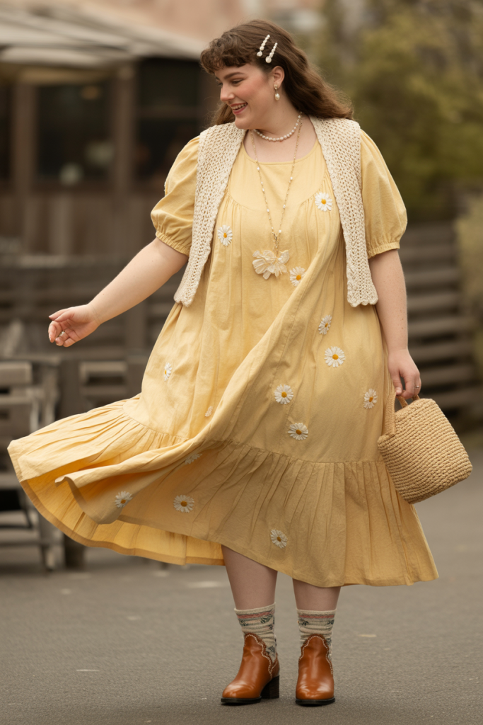 Cottage Core Daisy Embroidered Butter yellow Linen Midi Dress