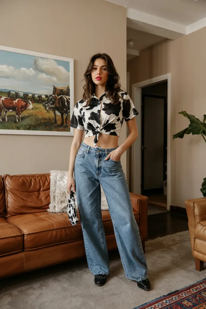 Cow Print Crop Top and Wide Leg Jeans
