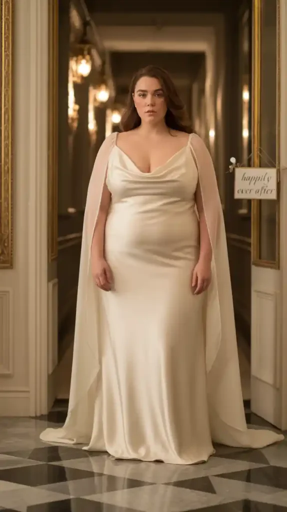Cowl Back Slip Dress with Watteau Cape Wedding Dress