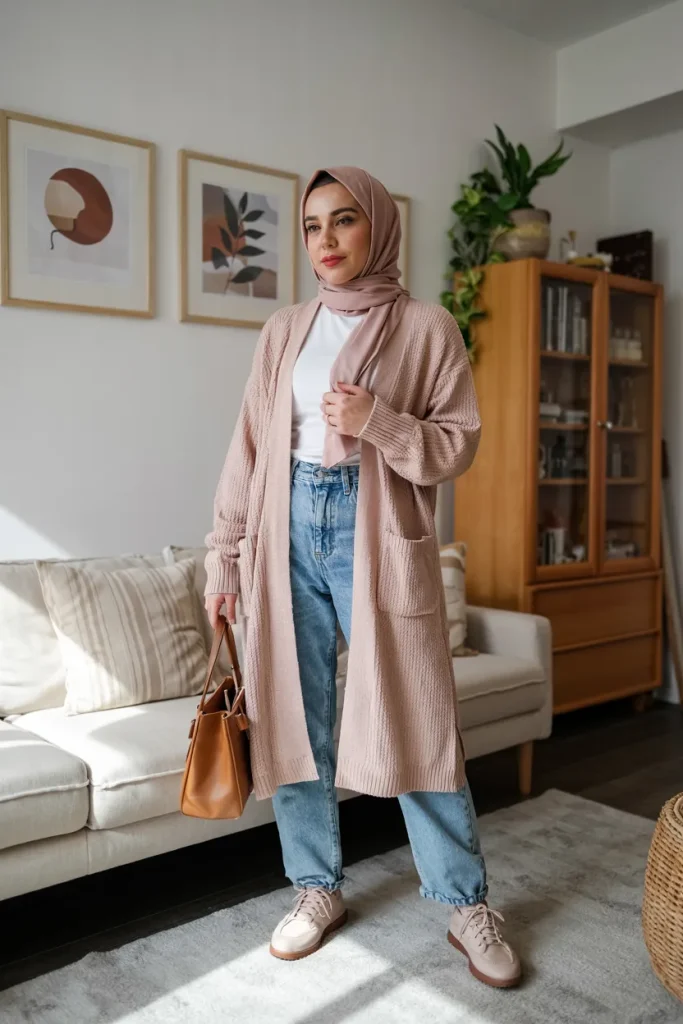 Cozy Cardigan and Relaxed Jeans Hijab Spring Look