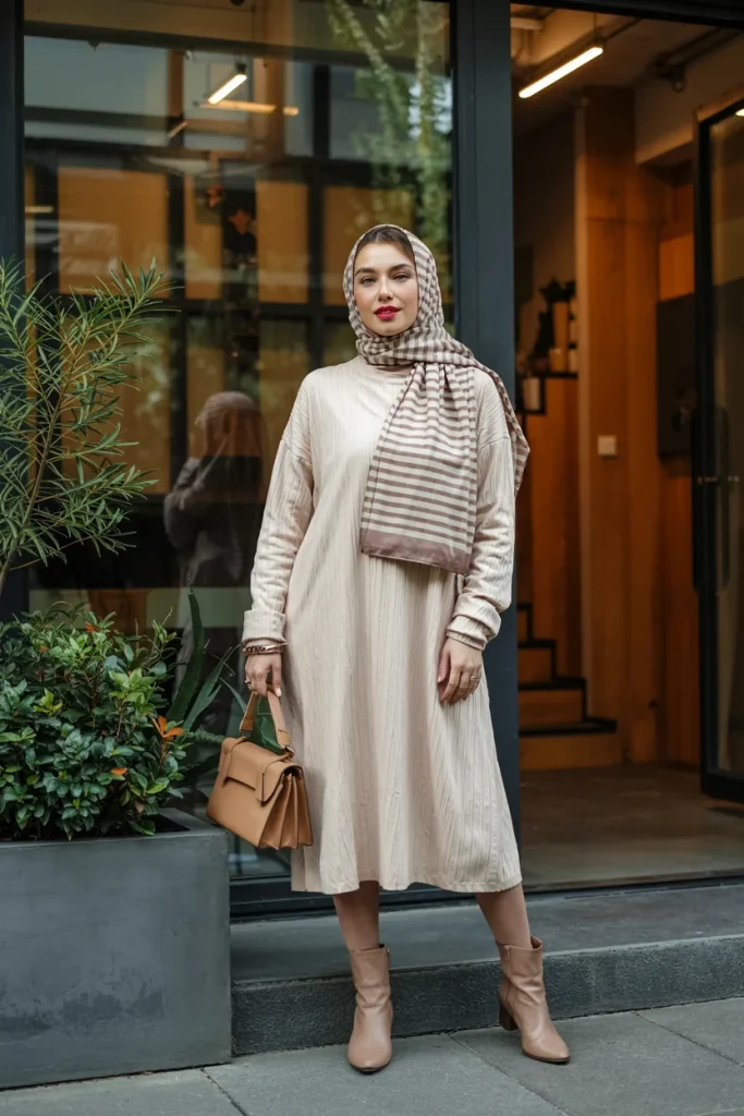 Cozy Cream Sweater Dress with Striped Hijab Spring Hijab Outfit