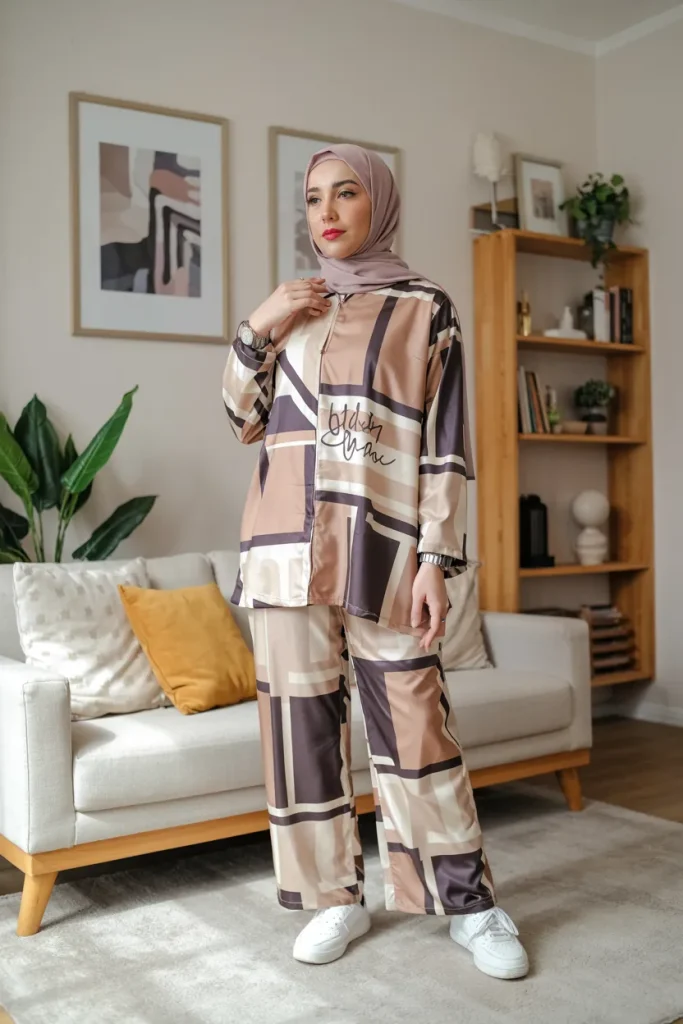 Cozy Geometric Print Everyday Spring Hijab Outfit