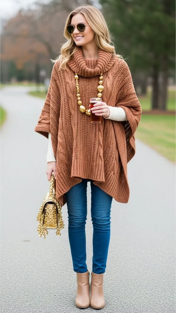 Cozy Knit Poncho with Skinny Jeans