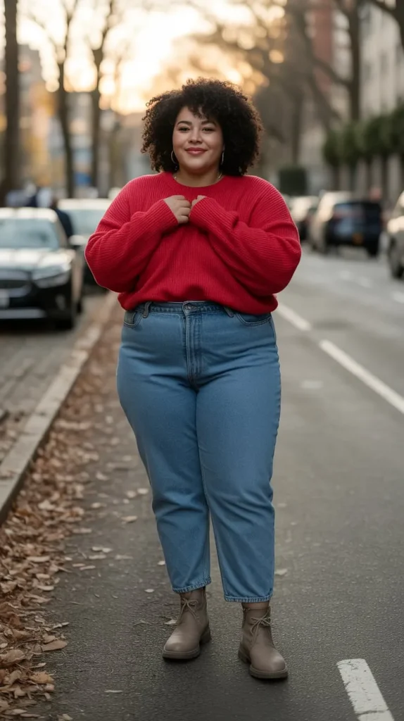 Cozy Red Sweater with High Waisted Jeans