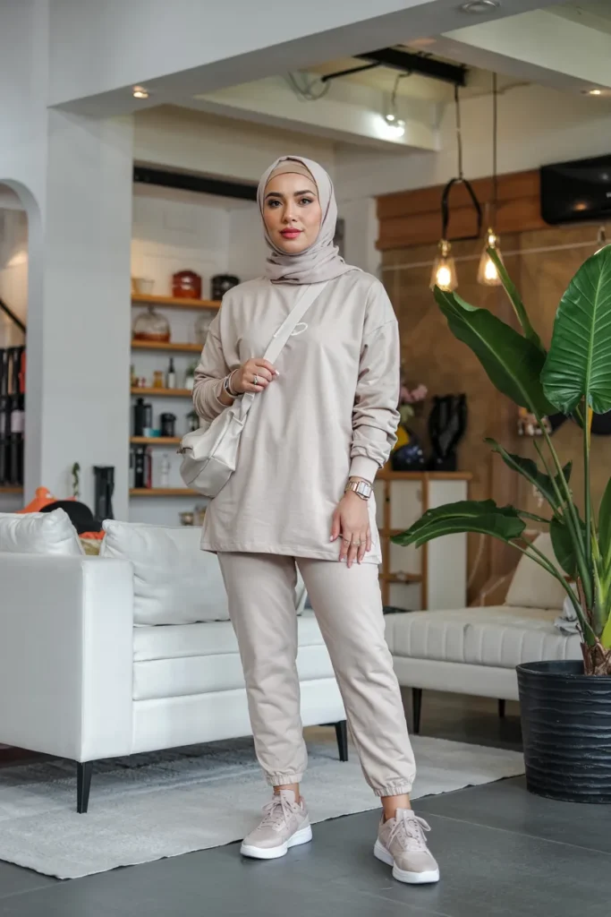Cream Monochrome Athleisure Hijab Spring Outfit
