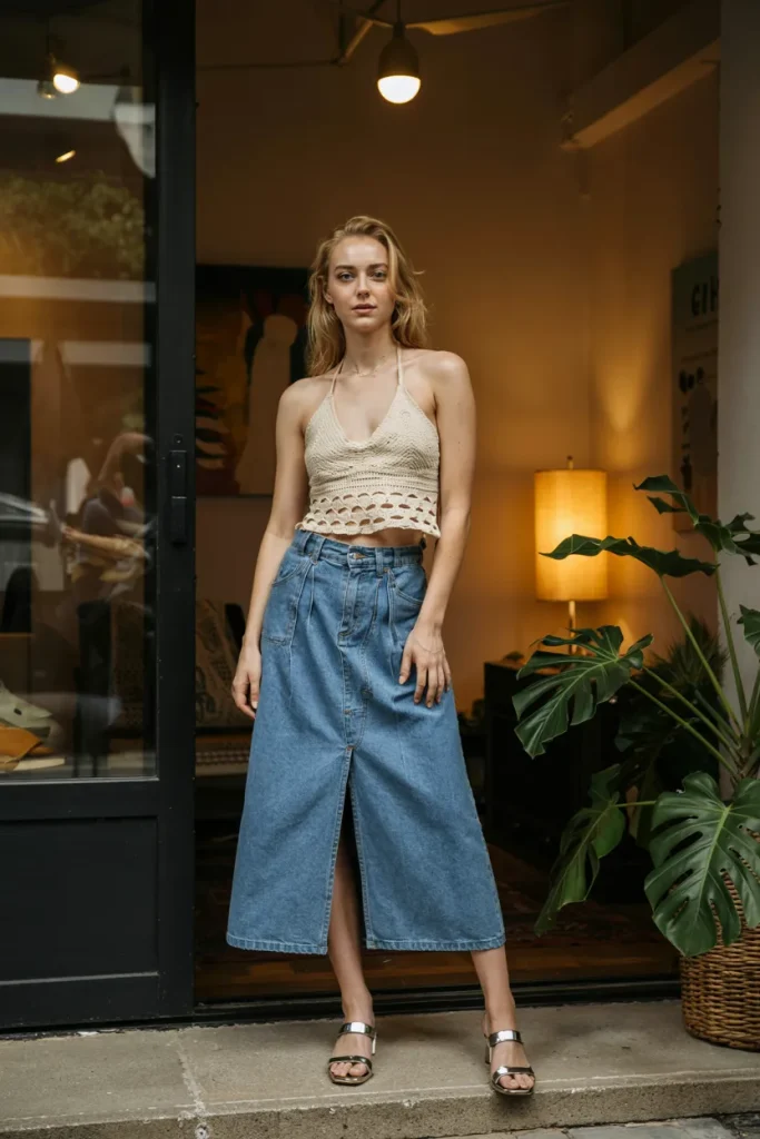 Crochet Halter Top and Denim Midi Skirt