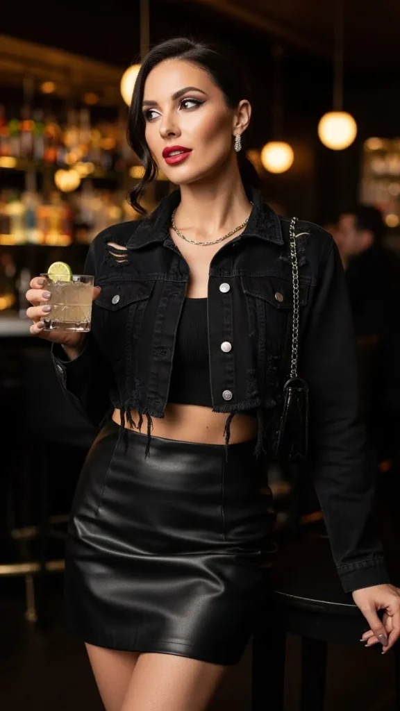 Cropped Black Denim Jacket with Leather Mini Skirt