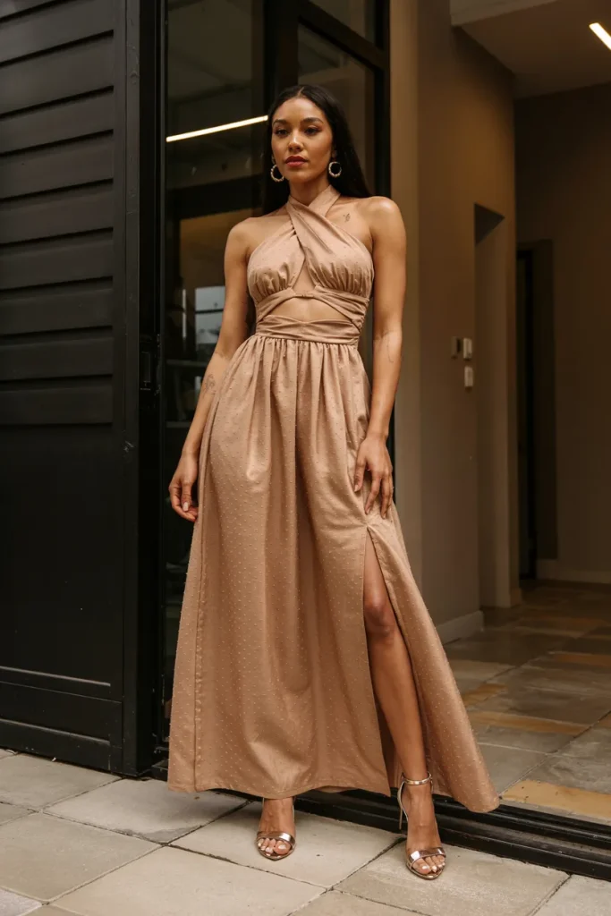 Cut Out Halter Maxi Dress with Leg Slit