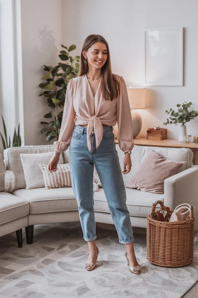 Cute Blush Pink Tie Front Blouse and High Waisted Jeans Spring Outfit