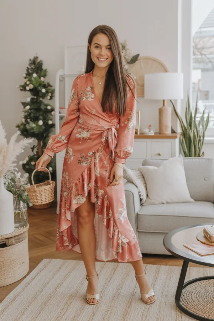 Cute Coral Floral Wrap Dress Spring Outfit