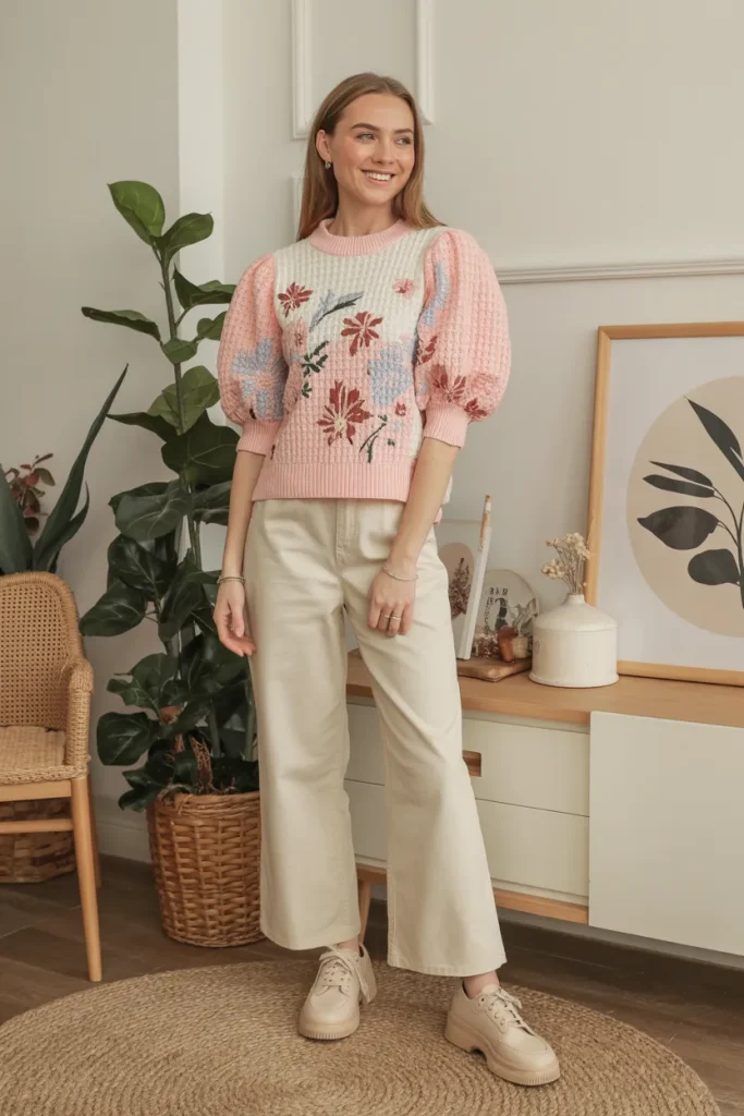 Cute Cotton Contrast Floral Crew Neck Puff Sleeve Sweater Spring Outfit