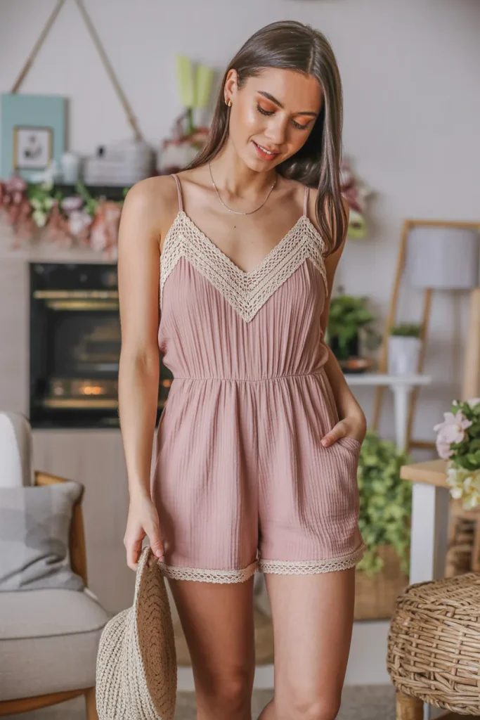 Cute Crochet Lace Trim Romper Spring Outfit