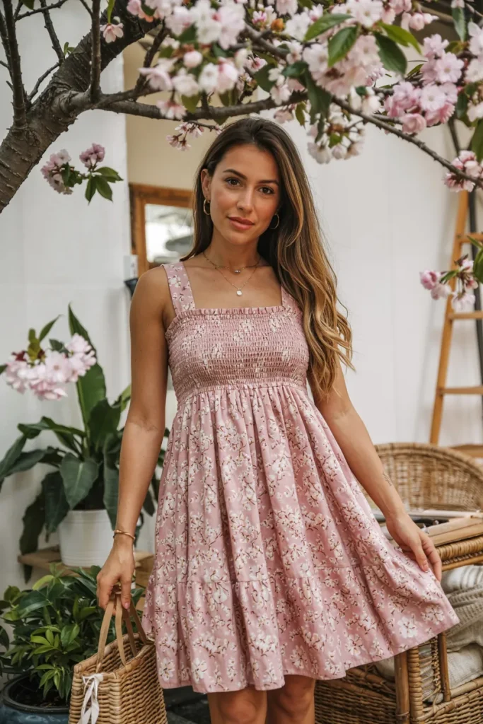Cute Kyoto Cherry Blossom Smocked Sundress