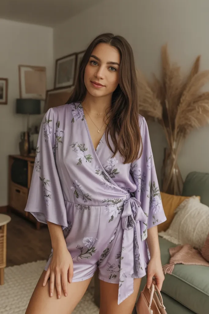 Cute Lavender Floral Wrap Romper Spring Outfit