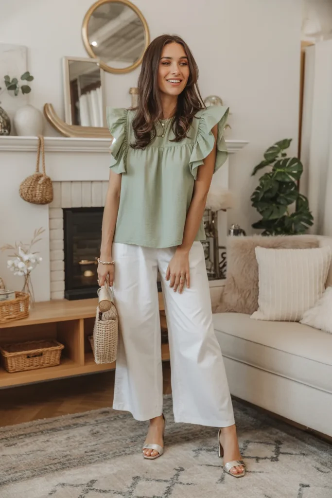 Cute Mint Green Ruffle Sleeve Blouse and White Wide Leg Pants Spring Outfit