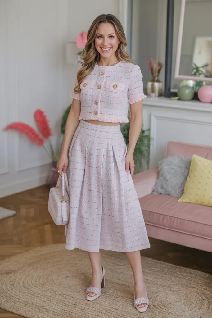 Cute Pastel Tweed Midi Skirt Set Spring Outfit