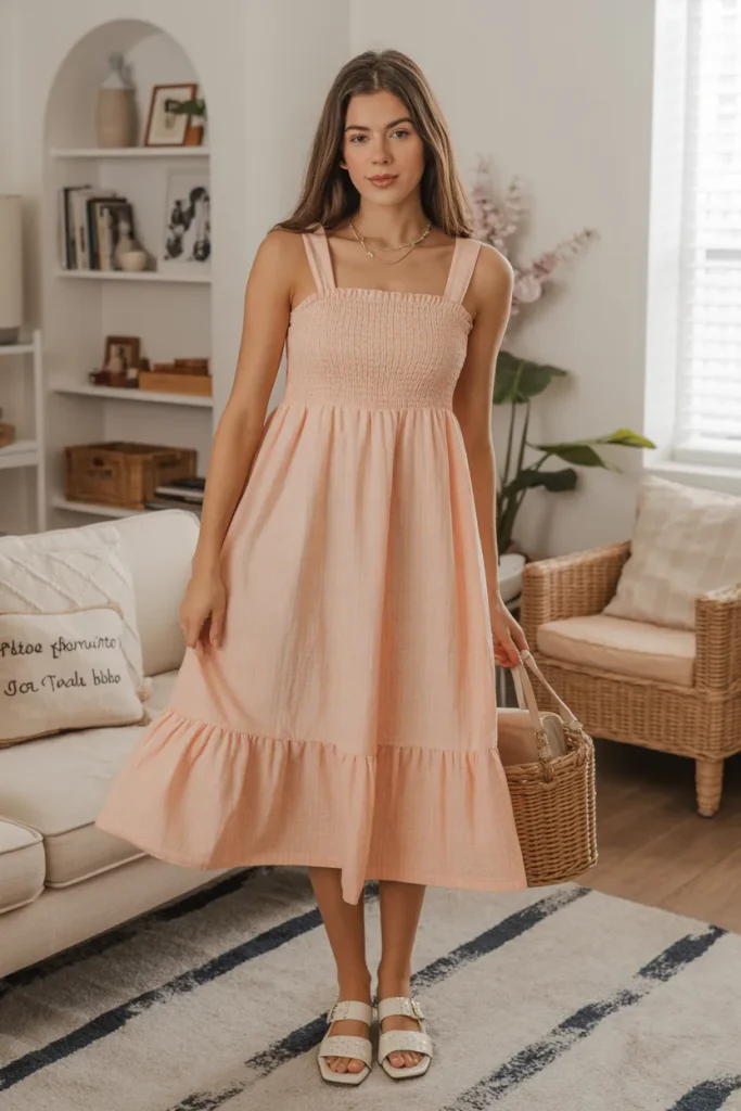 Cute Peach Gingham Smocked Midi Dress Spring Outfit