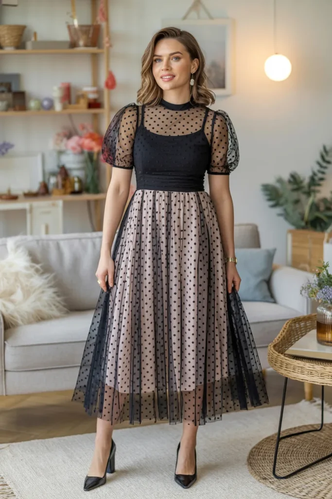 Cute Polka Dot Mesh Overlay Dress Spring Outfit