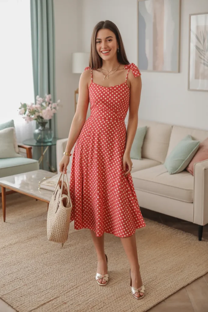 Cute Polka Dot Tie Back Fit Flare Midi Dress Spring Outfit