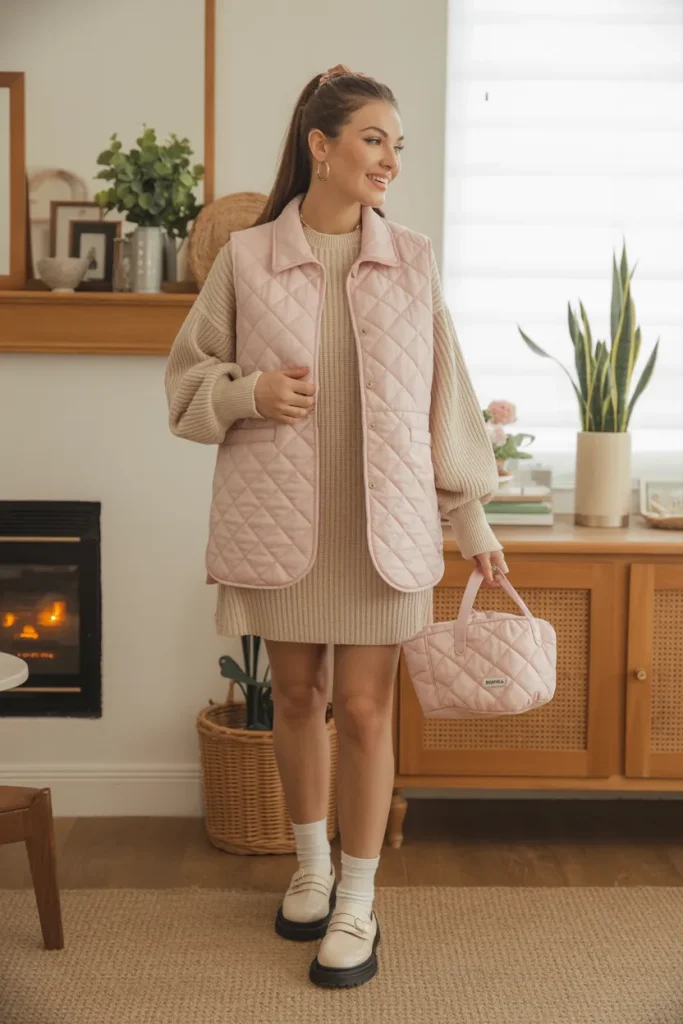 Cute Quilted Vest Sweater Dress Spring Outfit