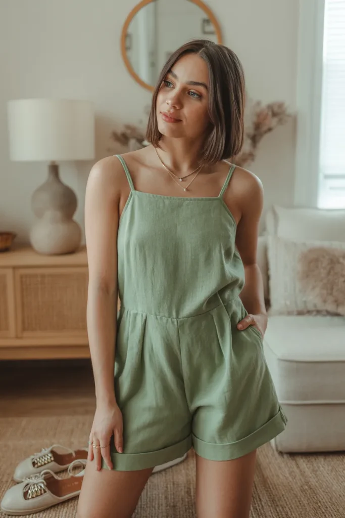 Cute Sage Green Linen Romper Spring Outfit