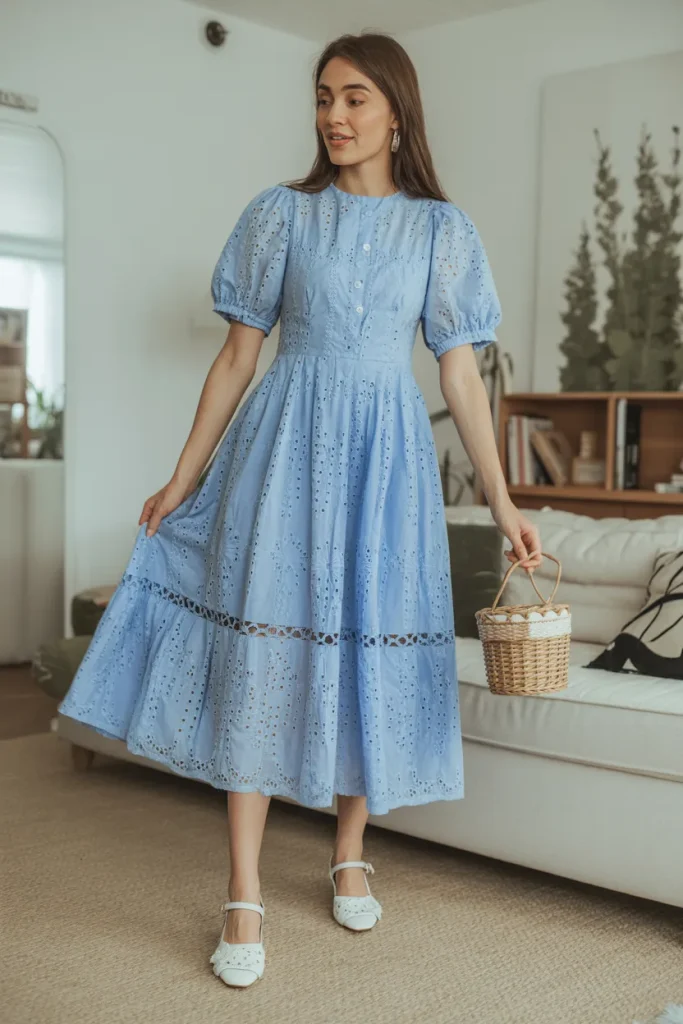 Cute Sky Blue Eyelet Lace Midi Dress Spring Outfit
