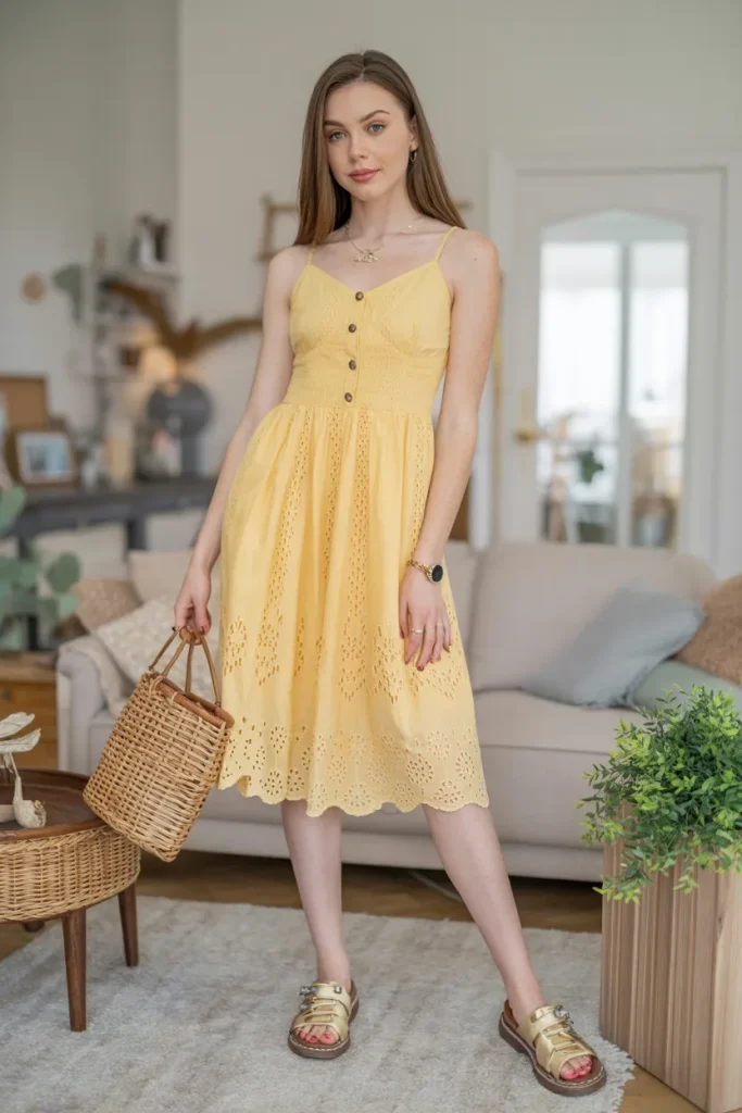 Cute Yellow Eyelet Lace Sundress Spring Outfit