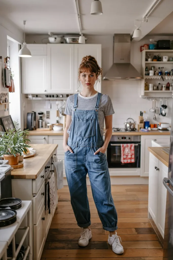 Denim Overalls and Striped Tee