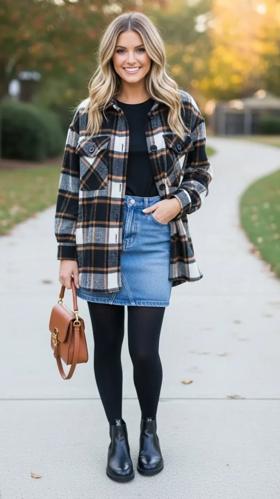 Denim Skirt with Plaid Shacket
