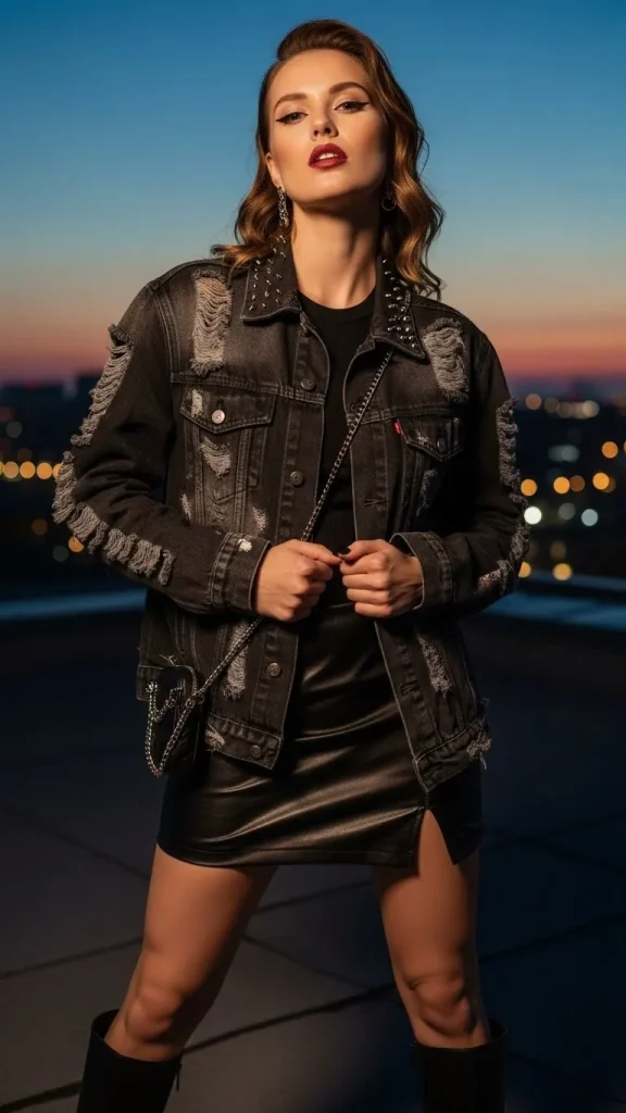 Distressed Black Denim Jacket with Mini Leather Skirt