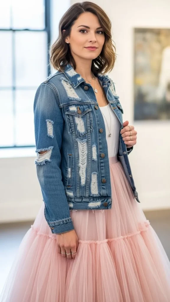 Distressed Blue Denim Jacket with Tulle Skirt