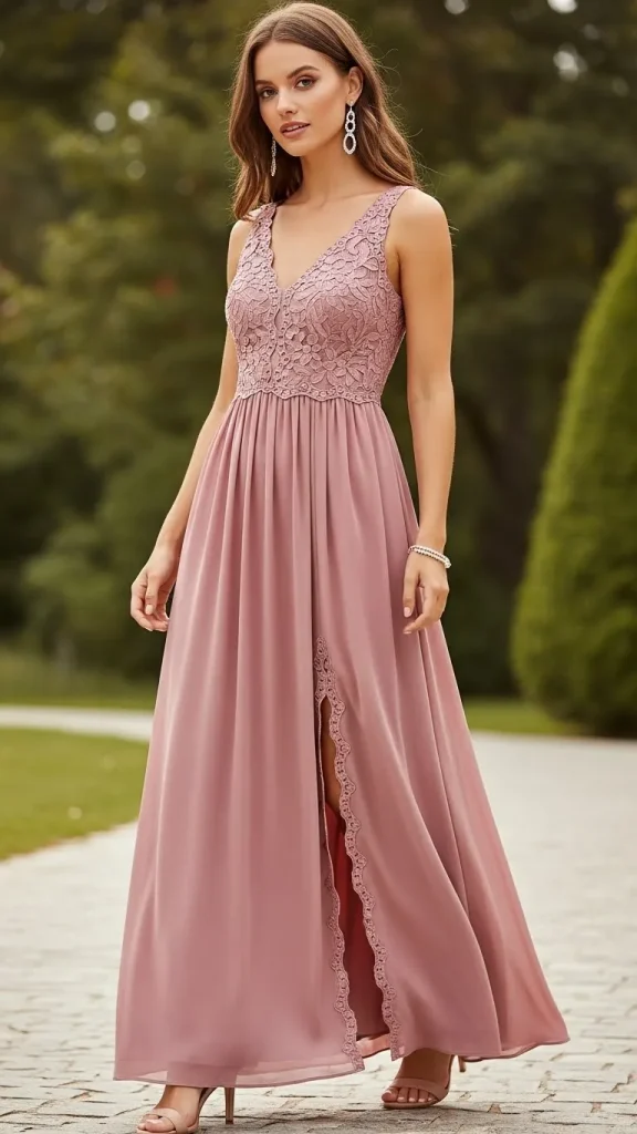 Dusty Rose Maxi Dress with Strappy Heels