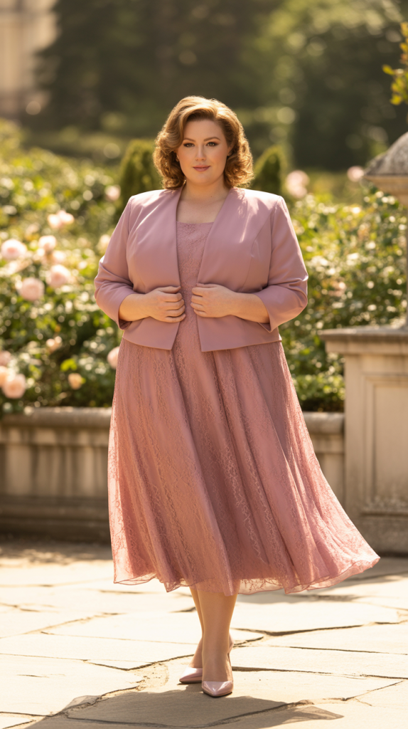 Dusty Rose Pink Chiffon Lace Tea Length Dress With Jacket
