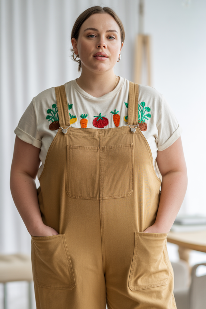 Eco Chic Embroidered Vegetable Organic Cotton T shirt With Sand Color Overalls