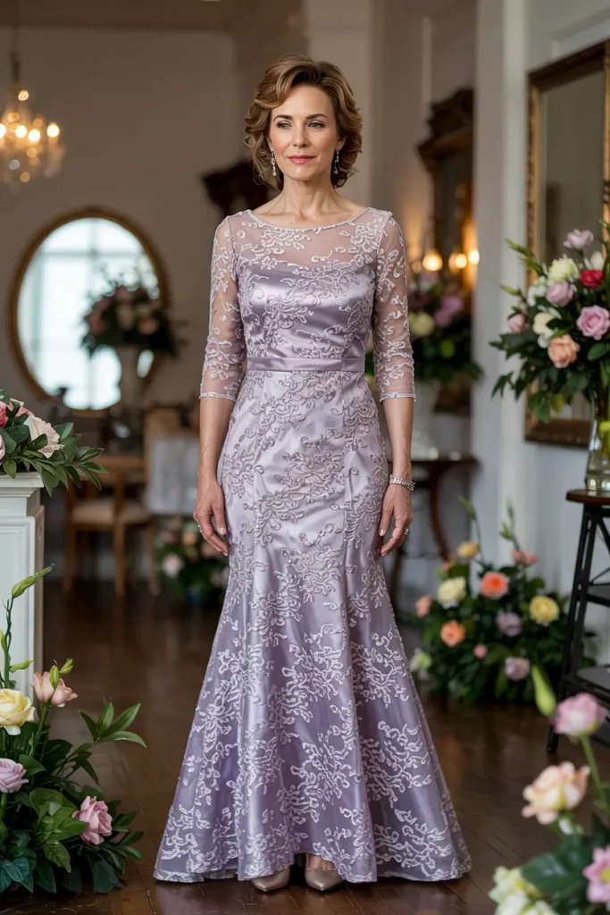 Elegant Lavender Lace Mermaid Mother of the Bride Dress with Illusion Sleeves