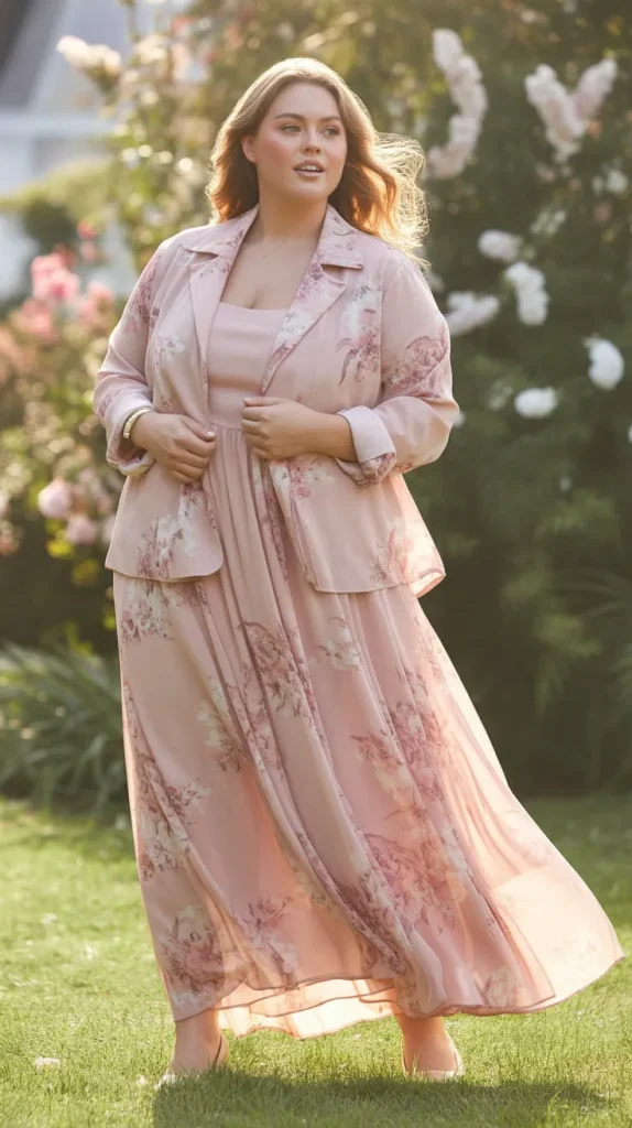 Elegant Pink Floral Print Chiffon Two Pieces Maxi Dress With Jacket