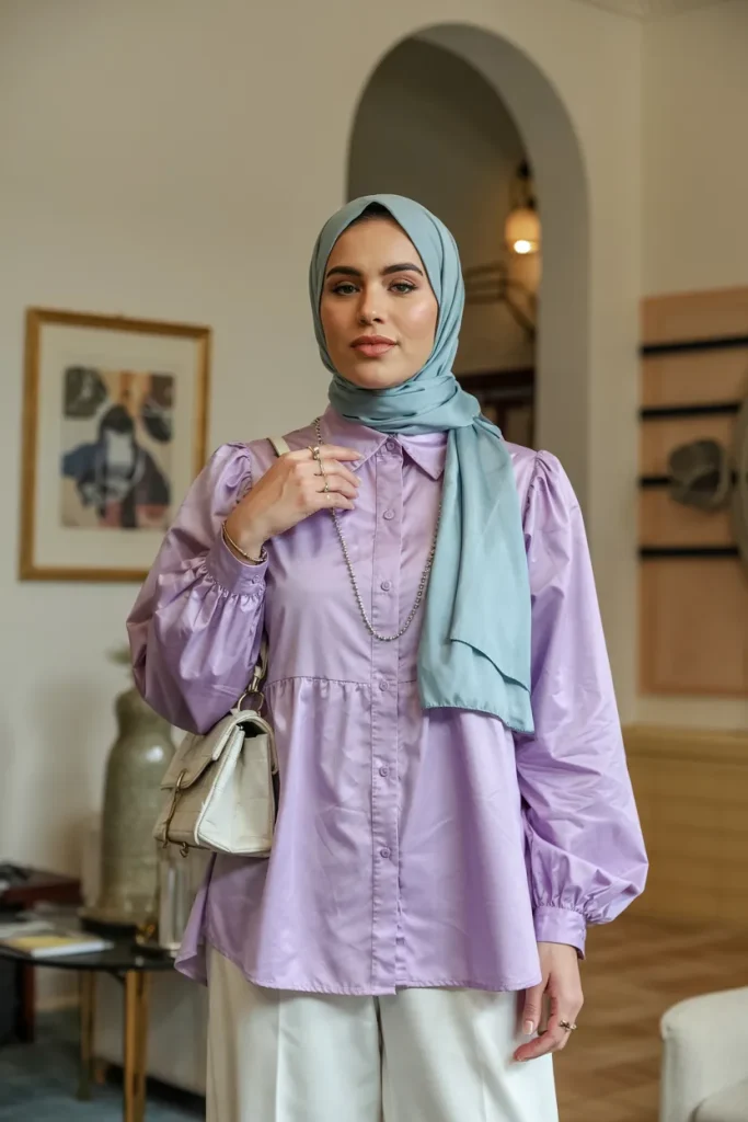 Elegant Purple Blouse White Pants and Light Blue Hijab Spring Outfit