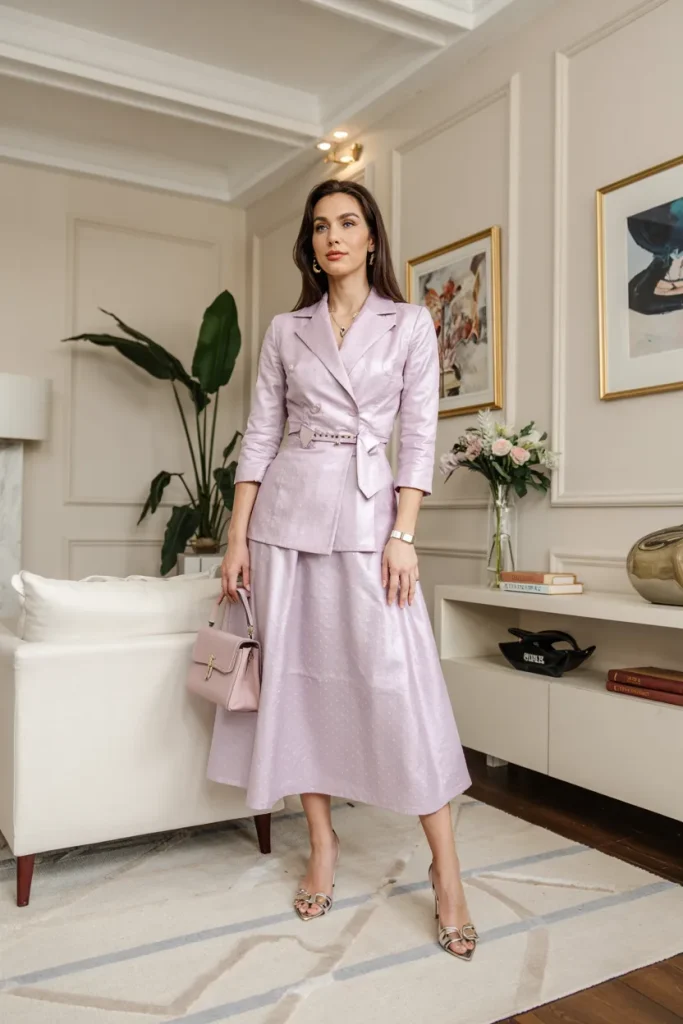 Elegant Uptown Socialite Pastel Skirt Suit and Kitten Heels Spring Outfit
