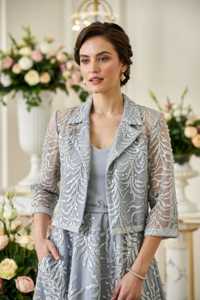 Elegant Wedgewood Sequin Lace Midi Jacket Dress